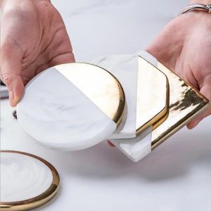 Marble-Look Ceramic Coaster with Gold Edge